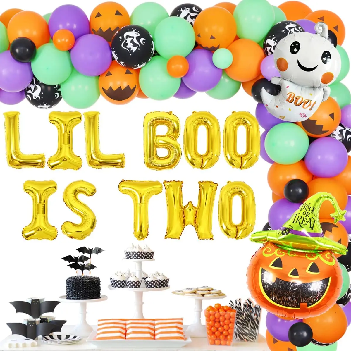 

Halloween 2nd Birthday Party Decorations Orange Purple Ghost Pumpkin Balloon Garland Kit BOO IS TWO for Second Birthday Supplies