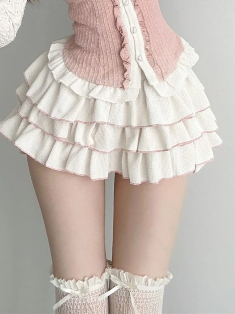 ADAgirl Kawaii White Ballet Mini Skirts Women Summer Elastic Waist Ruffle Lolita Skirt Japan Cutecore  A-LINE High Waist Skirt
