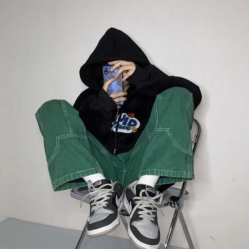 

2023 Men's Trendy American Biker Denim Trousers Loose Baggy Homme Cargo Pocket Pink Jeans Black/green/blue Color Casual Pants