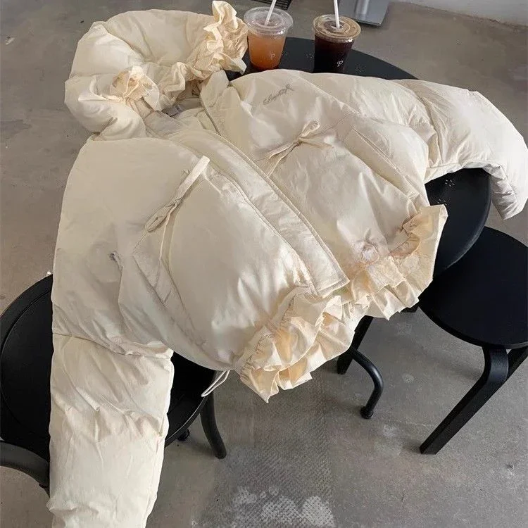 Parkas plissés pour filles, appliques à nœud doux coréen, vêtements de mode populaires Y2K, esthétique CombHarajuku, automne, hiver, nouveau, 2024