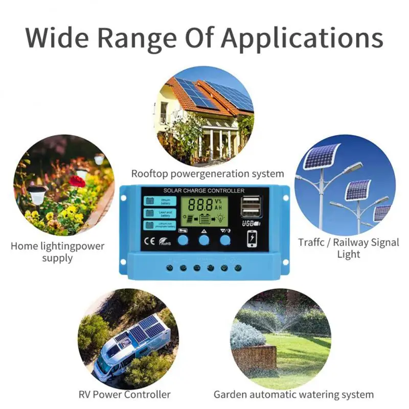 Aubess PWM 태양광 충전 컨트롤러, LCD 디스플레이, PV 레귤레이터, 100W, 200W, 300W, 10A, 20A, 30A, 12V, 24V