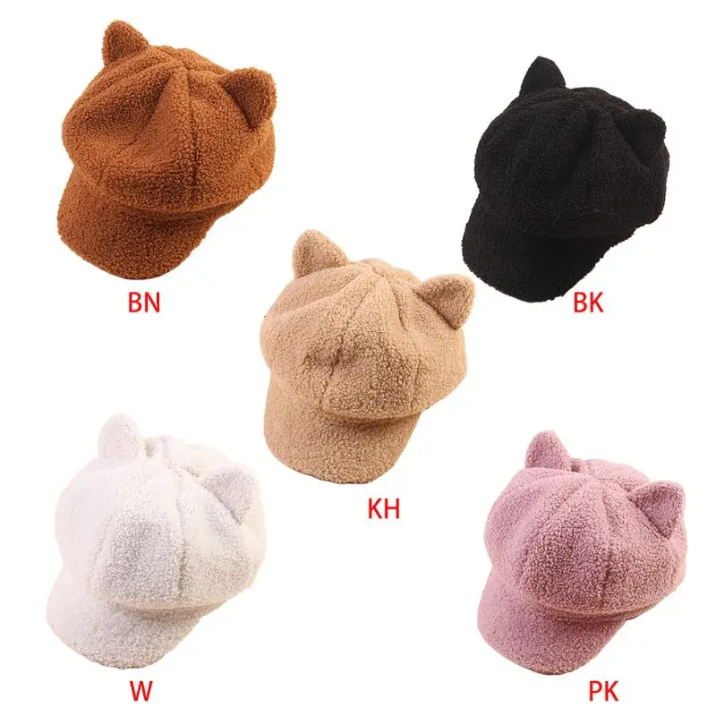 

2XPC Women Girls Winter Faux Wool Warm Beret Cap Cute for CAT Ears Solid Color Vintage Newsboy Painter Visor Peaked Octagonal