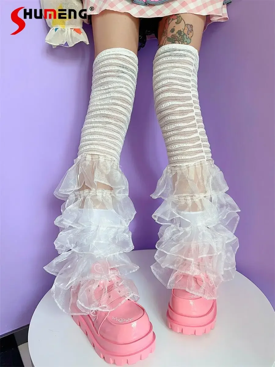 Y2k Hot Girl Sweet Stripes Multi-Layer Lace Socks 2023 Fall New Subculture Cool Girl Princess Stitching Big Lace Leg Warmer