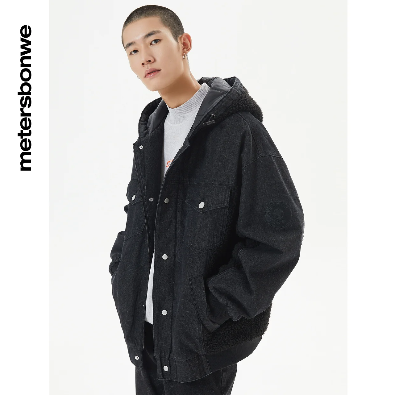 Metersbonwe Men 100%Cotton  Joint With Imitation Lamb Fur Hooded Loose Denim Jacket Winter Fashion Warm Cotton-Padded Jackets