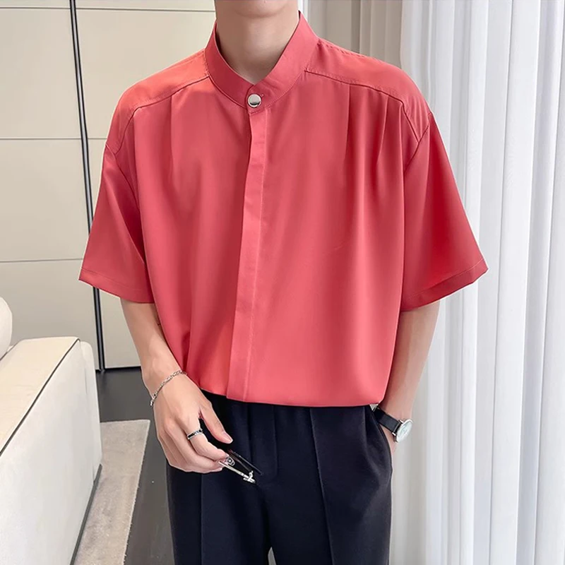 

Trend Stand Collar Loose Dress Shirt Men Summer Cover Buttons Short-sleeved Chemise Homme 5 Colors Mens Fashion Shirts Plus Size