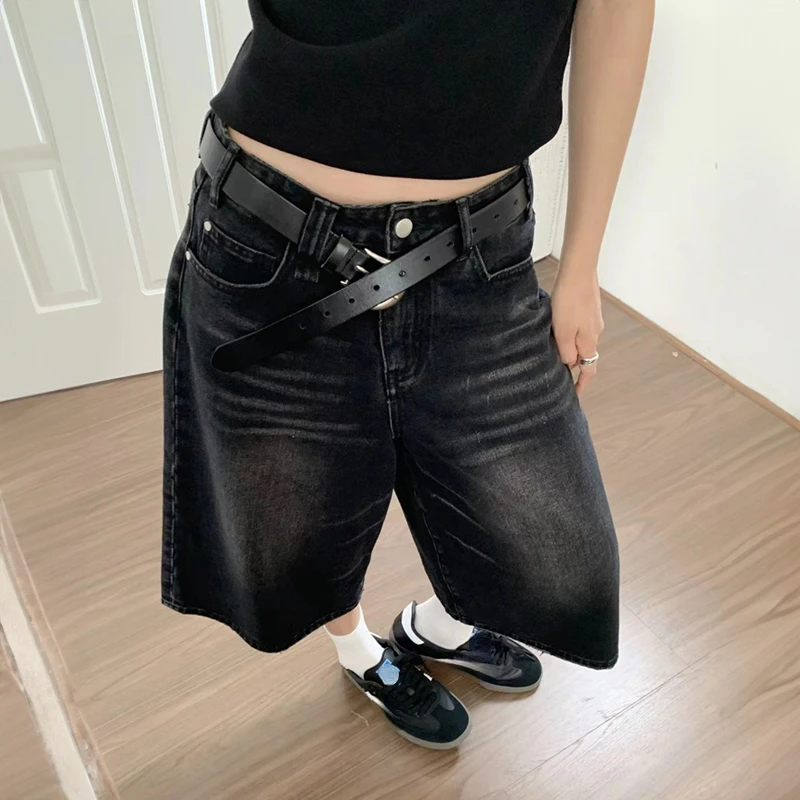 

Black Y2k Style Baggy Denim Shorts Women Wide Leg Short Pants Fashion High Waisted Dark Wash Knee Length Jeans Female Casual