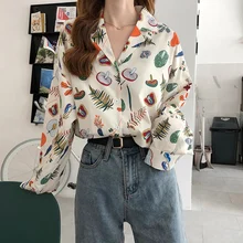 

Spring Summer Vintage Print Female Blouse Autumn Fashion Loose Long Sleeve Shirts V Neck Women Tops