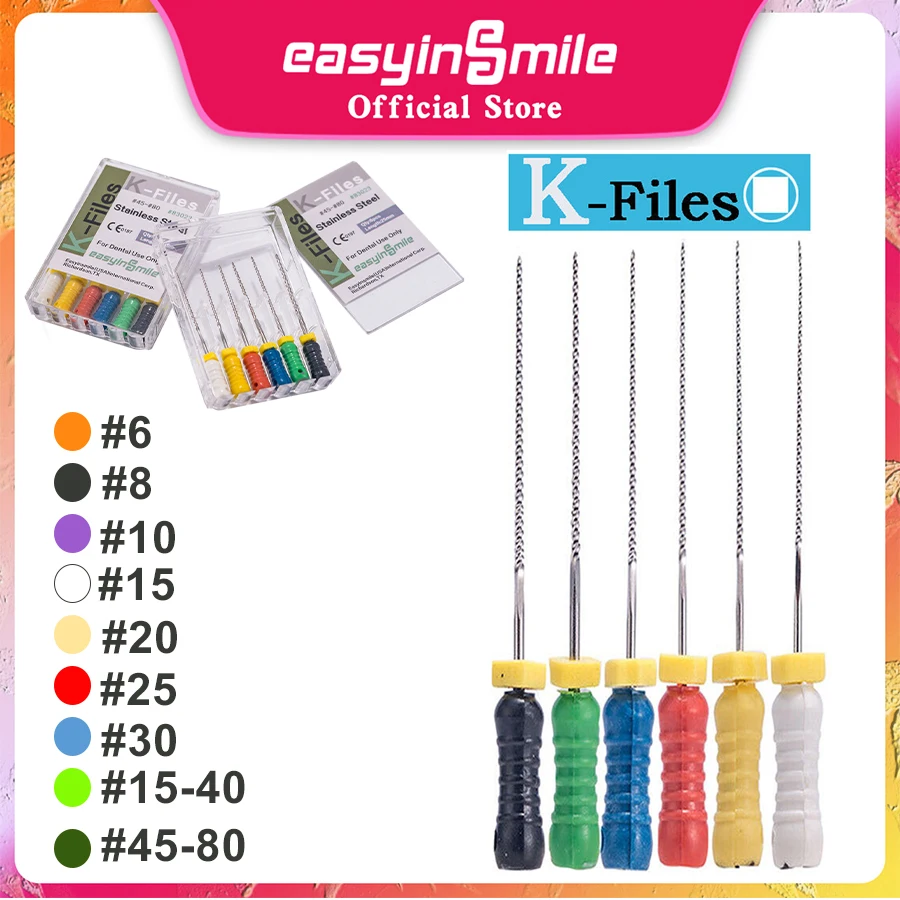 

10 упаковок EASYINSMILE эндофайлов K из нержавеющей стали 25 мм стоматологические ручные напильники для корневого канала #6 #8 #10 #15 #20 #25 #30 #15-40 #45-80