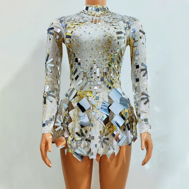 

Flash Mirrors Party Dress Women Celebrate Party Evening Dresses Long Sleeves Stretch Mini Dress Singer Dancer Costume XS6910