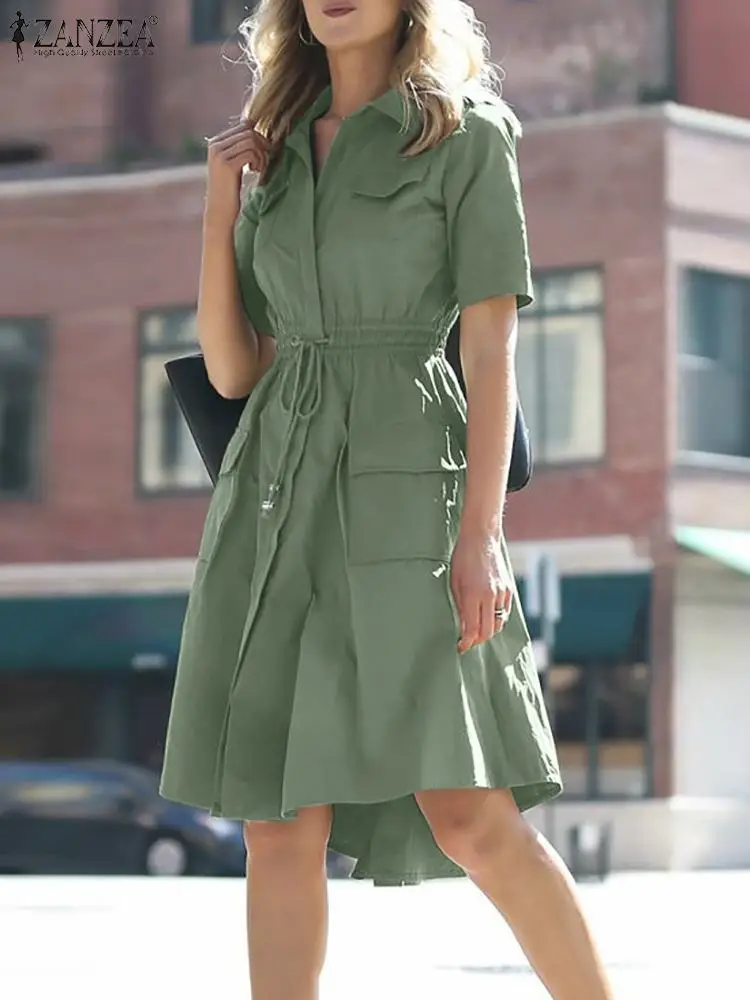 

Summer Fashion Cargo Dress Women Lapel Short Sleeve Midi Dresses ZANZEA Casual Holiday Vestidos Elastic Waist A-line Sundress