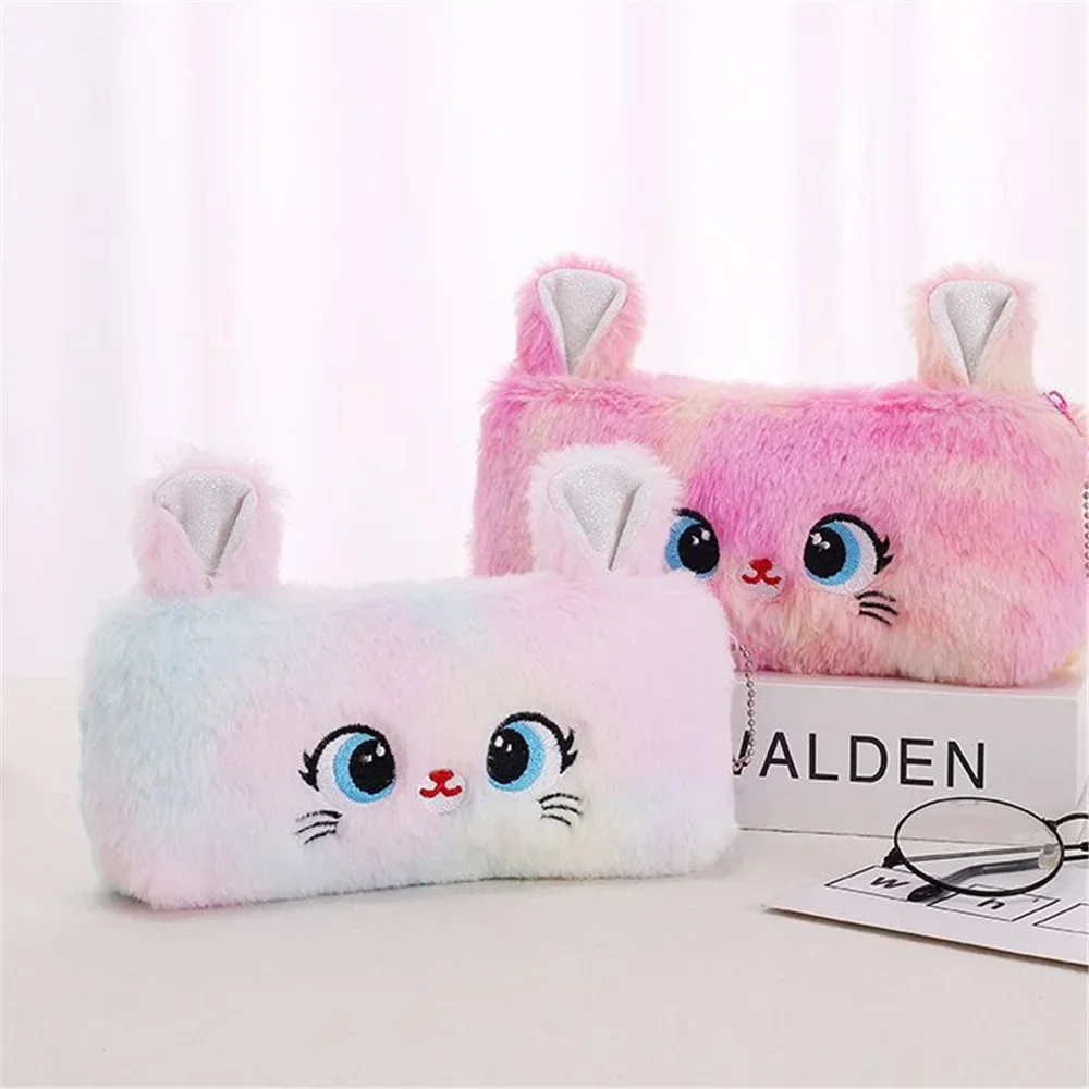 Kawaii Cat Large-capacity Zipper Pencil Bag, Beautiful Cartoon Creative Plush Pencil Bag for Girls Stationery Storage Bag