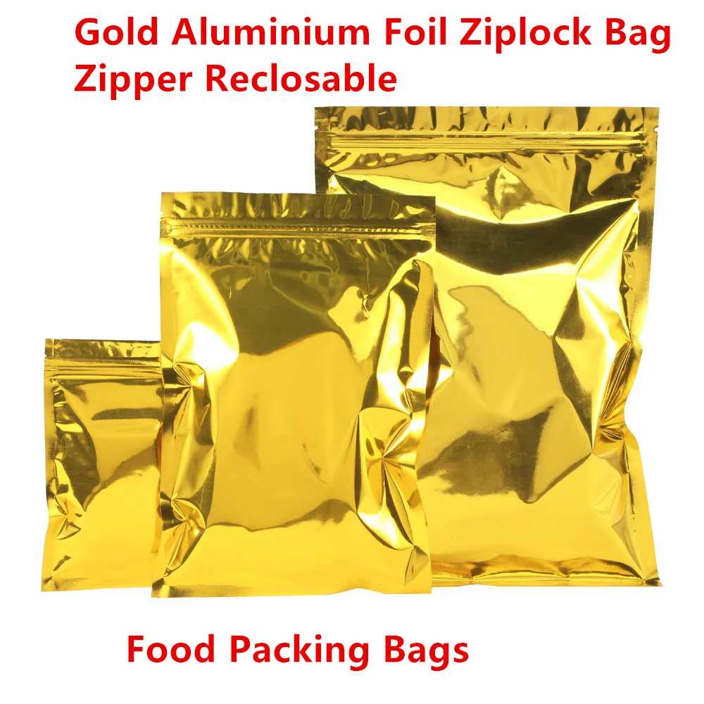 

100pcs Resealable Gold Aluminum Foil Ziplock Bags - Food Grade Packing-bag Zipper self-styled Mylar-foil Snack Gift Pack Pouches