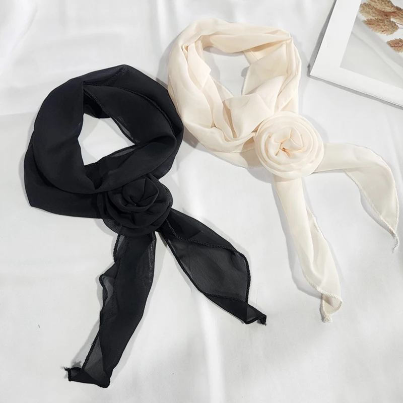 Luxury Long Chiffon Scarf Female Print Rose Thin Narrow Scarf Floral Satin Hair Band Bag Ribbon Scarfs Women Small Neckerchief 3