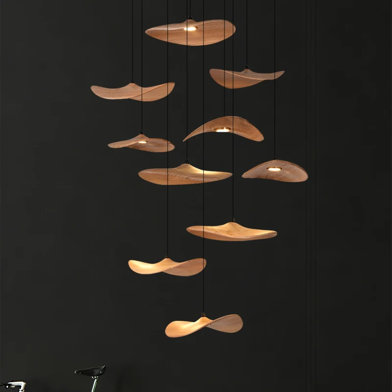 Wabi Sabi Solid Wood Pendant Lamp Villa Duplex Attic Staircase LED Indoor Lighting Restaurant Living room Chandelier 4