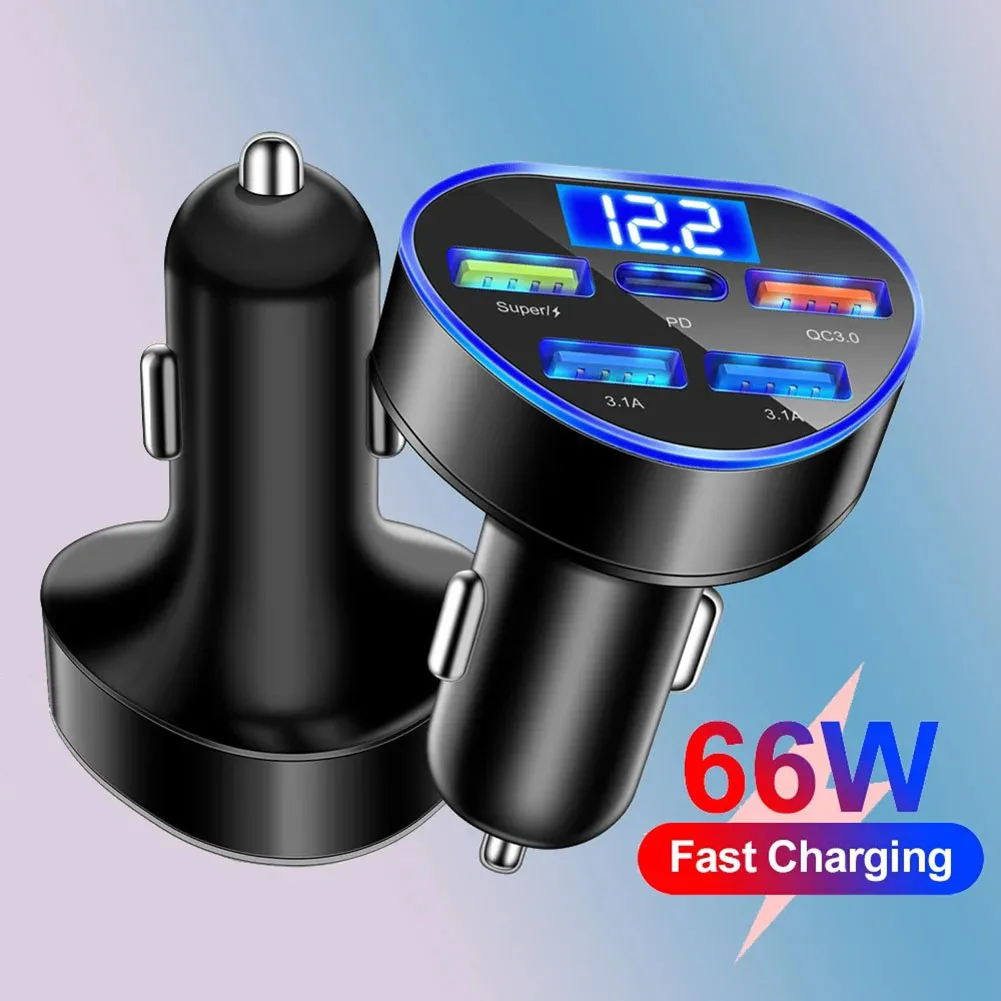 

1x 66W 12-24V Car Charger Adapter & Cable Black 4-USB Port Fast Charging Units 6*4*3cm Fits For Samsung A73 5G A53 A33 A23 A13