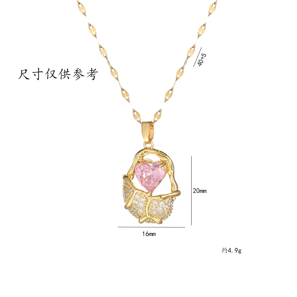 Light luxury fashion zircon pink love heart necklace for women, pendant