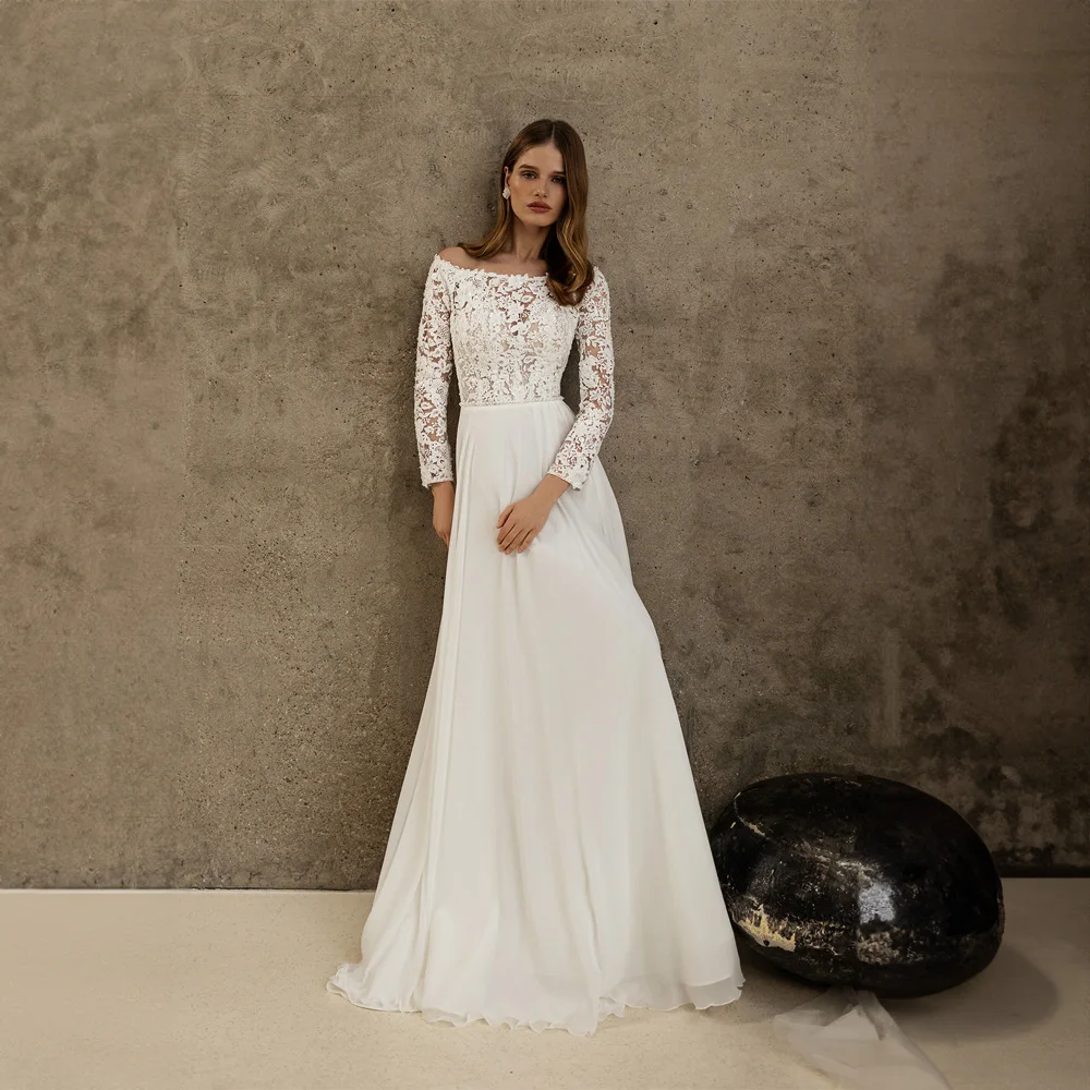 

Boat Collar Chiffon Lace Wedding Dresses for Women A-line Side Split Wedding Gown with Long Sleeve Court Свадебное платье