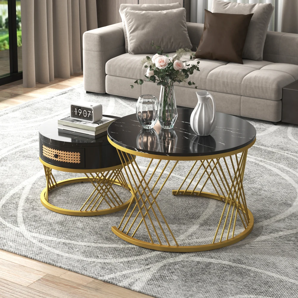 2-in-1 runder Couchtisch aus MDF, Beistelltisch mit Marmor-Arbeitsplatte und Schubladen aus Kunststoff-Rattan, Massivholzgriffe – Detail 17