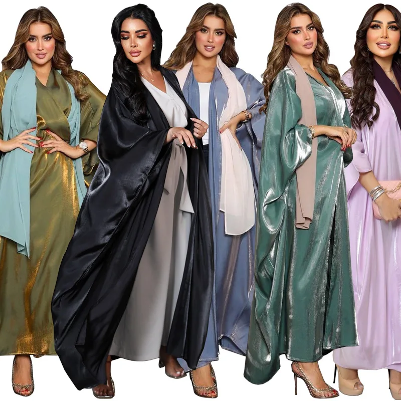 Fashionable and Elegant Solid Color Bat Sleeve Flash Fabric Women's Abaya Comfortable Silk Long Dress Long Coat Scarf