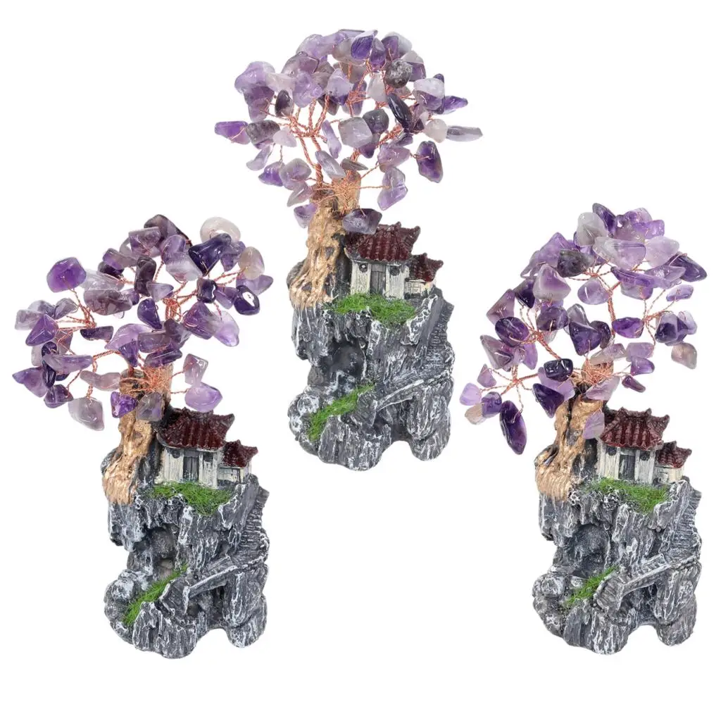 Mini Resin House Natural Crystal Stone Tree Micro Landscape For Home Decoration Desktop Ornaments