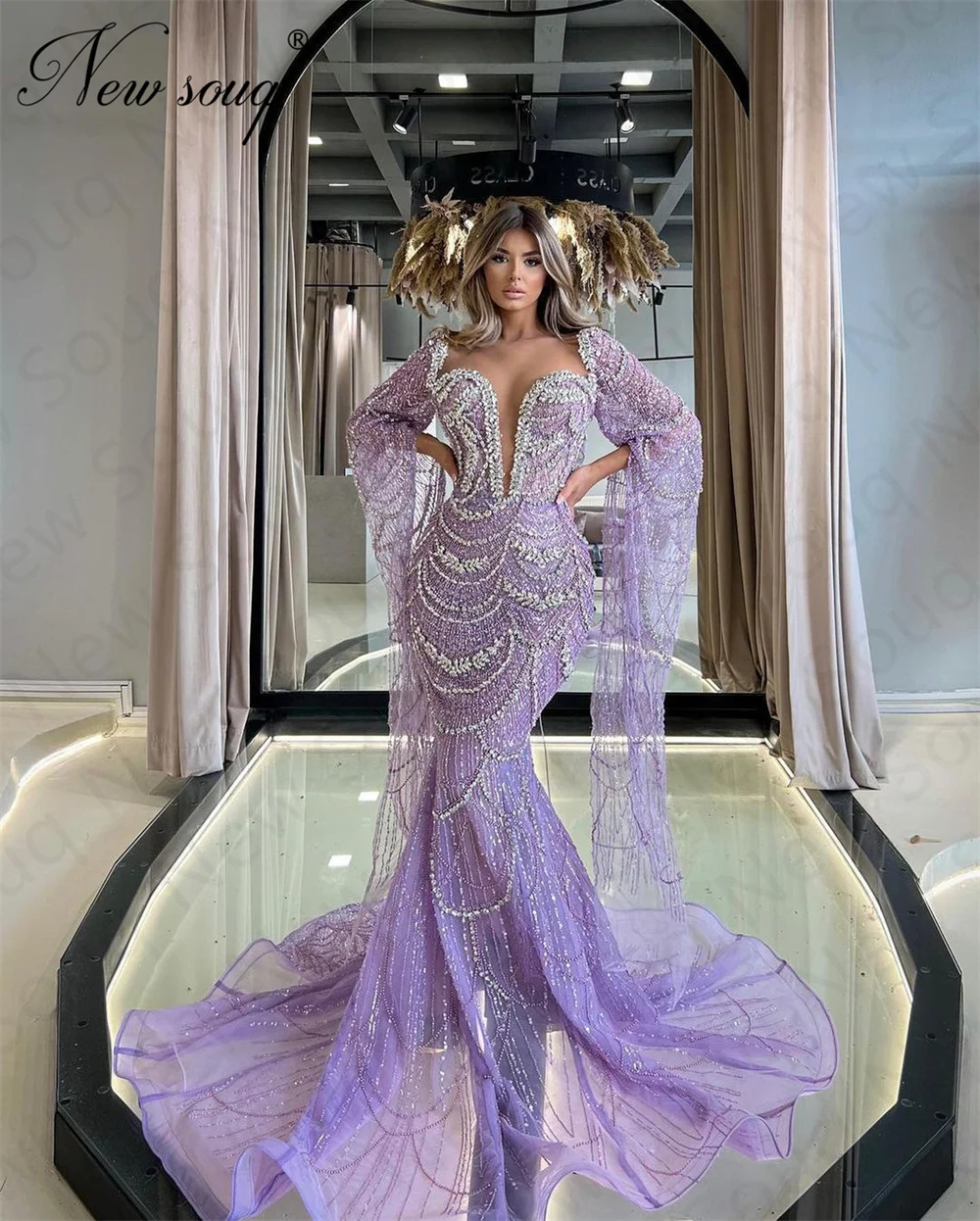 

Dubai Design Mermaid Lavender Evening Dresses Beading Crystal Women Party Dress For Weddings Arabic Cape Sleeves Occasion Dress