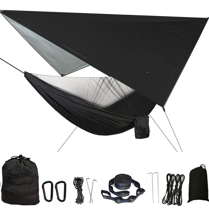 Camping Hammock Mosquito Net and Rain Fly Tarp Portable Tent Parachute Hammock with Tree Strap Indoor Outdoor Backpacking Travel 