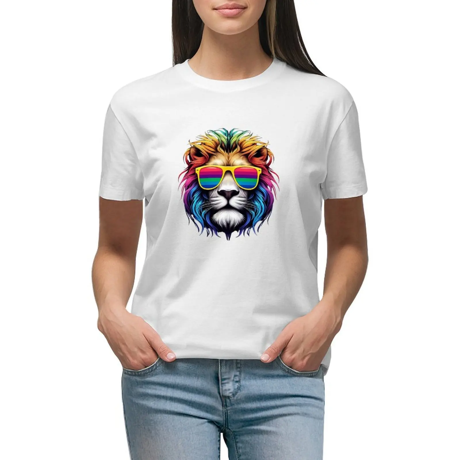 

Cool Lion with Rainbow Sunglasses and Manes T-shirt lady clothes female black t-shirts for Women