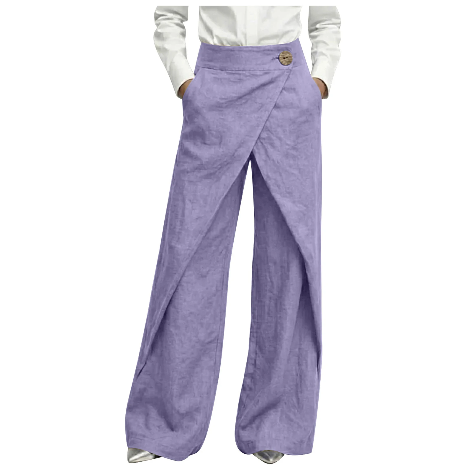 Womens Linen Wrap Wide Leg Pants High Waist Button Decor Asymmetrical Overlap Trousers Casual Loose Fit Office Lady Work Pants