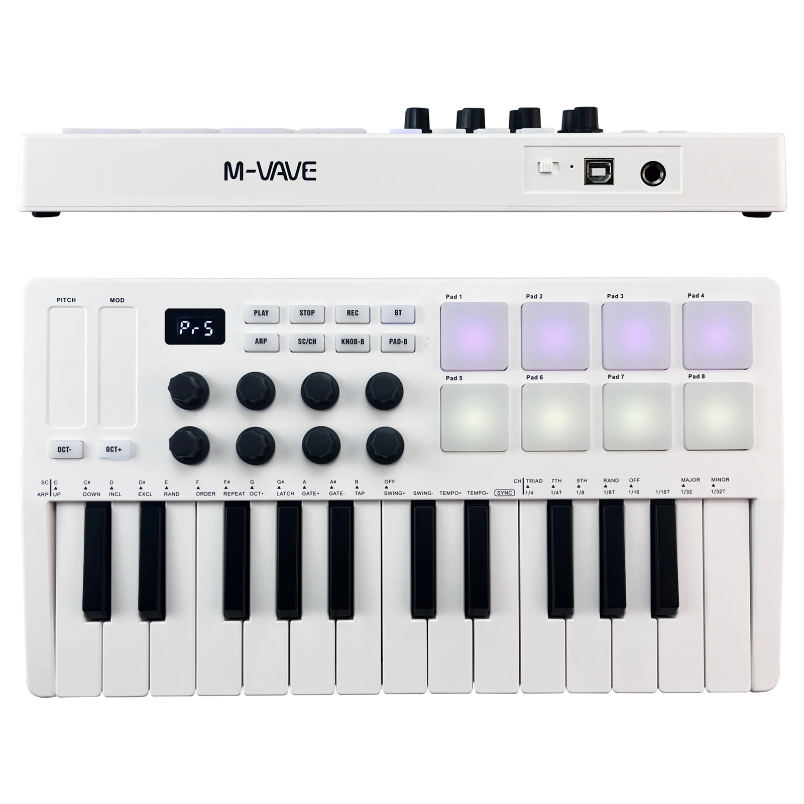 M-VAVE 휴대용 MIDI 25 키 USB MIDI 키보드 컨트롤러, 8 개의 백라이트 드럼 패드, 8 개의 노브, 8 개의 RGB 음악 키보드 악기 부품