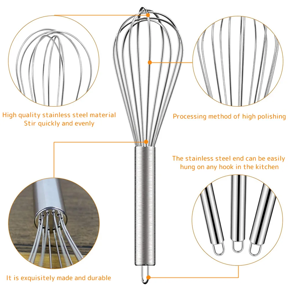 Rotary Whisk 8/10/12 Inch Egg Whisk 6 Wire Stainless Steel Kitchen Balloon Manual Egg Beater Blender Mixing Tools