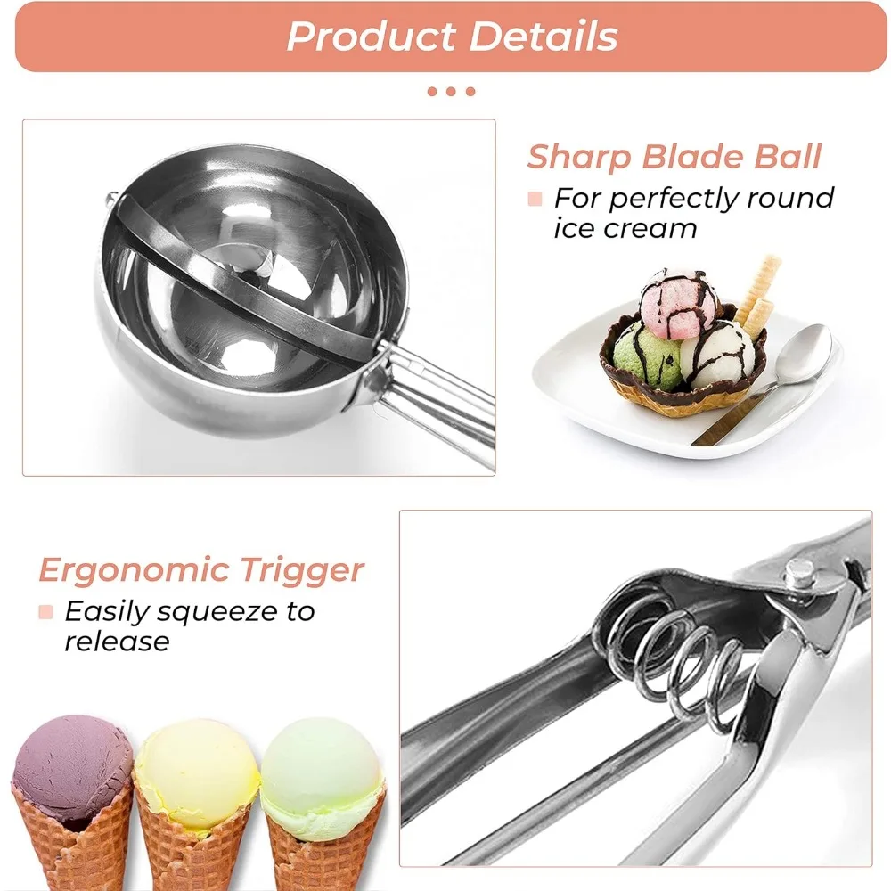 Ice Cream Scoop 3PCS/Set Stainless Steel Ice Cream Scoops Set for Baking Easy To Clean Highly Durable Ergonomic Handle Cookie Dough Scoop Set