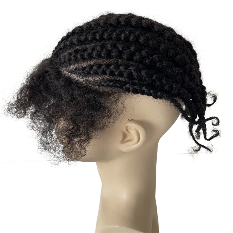 Mongolian Virgin Human Hair Hairpieces 1# Jet Black Color Cornrow Braids Unit 8x10 Full PU Toupee for Black Men