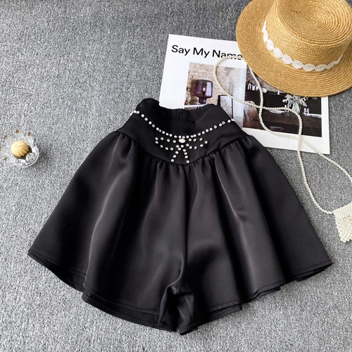 VANOVICH 2022 Spring and Summer Fashion Heavy-duty Beaded Diamond Bow HIGH Wide Leg Pants Shorts Solid Casual Women Shorts high waisted shorts Shorts