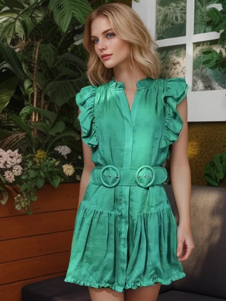 

Женское мини-платье с поясом, без рукавов, с оборками