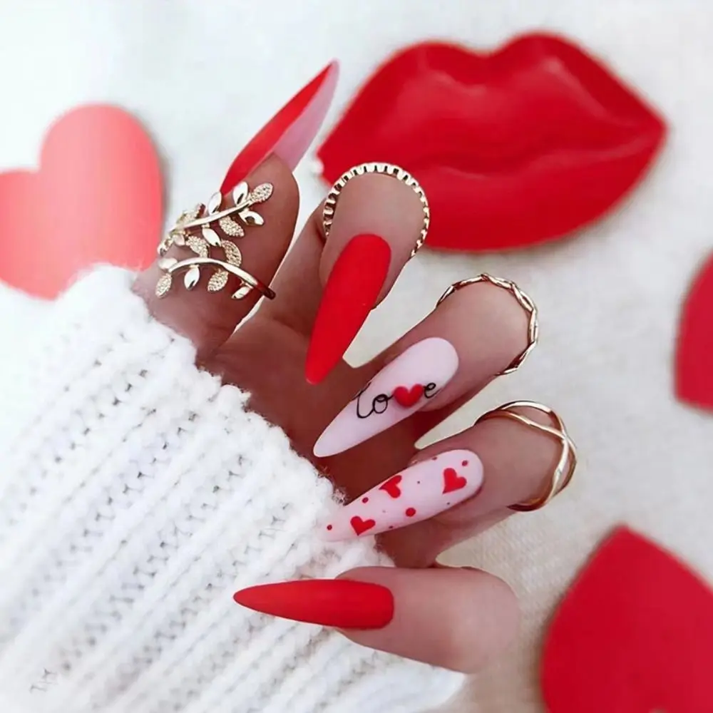 JUSTUSNX 24 Stück French Fake Nails – Stiletto, Rosa Farbverlauf, Marmor-Design, Mit Wellenlinien