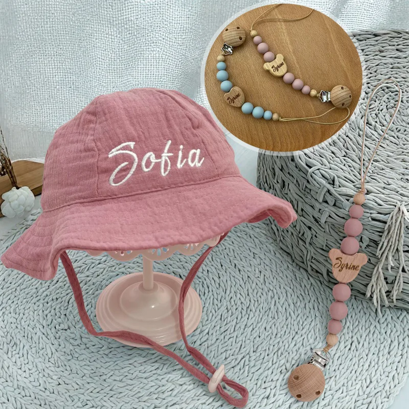 2-teiliges Set mit individuellem Namen, Babymütze und Schnullerclip, verstellbarer Sonnenhut aus Bio-Baumwolle für Unisex-Kinderzimmer-Ausflugszubehör – Detail 23