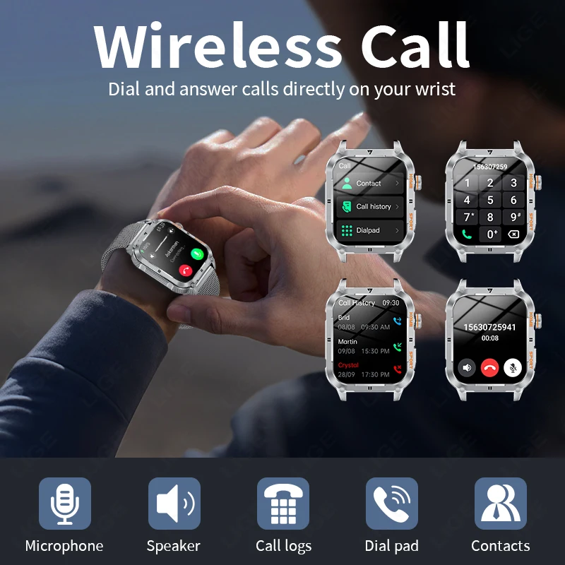 LIGE Smart Watch Military 2.01'' Large Screen Health Monitor Bluetooth Call Watches Waterproof Sports Smartwatch For Android IOS