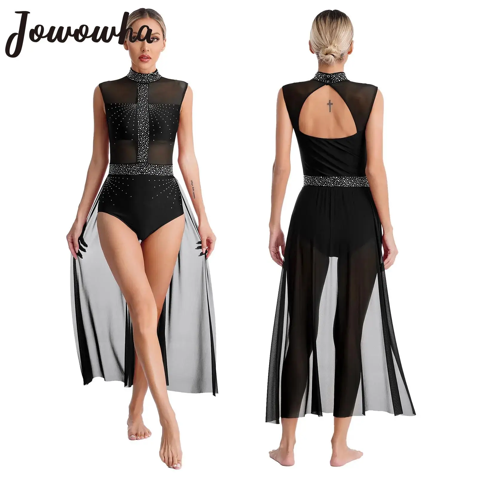 

Womens Lyrical Dance Dress Ballet Gymnastics Leotards Shiny Rhinestone Sleeveless Sheer Mesh Modern Stage Performance Dancewear