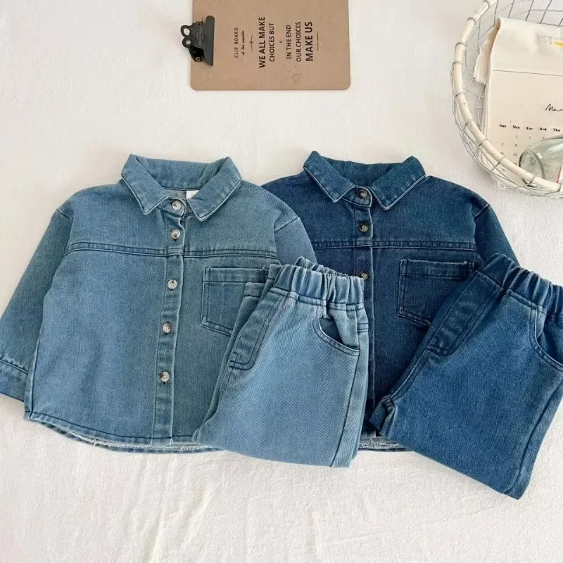 2025년 여아 봄 가을 아동 남아 2PCS 의류 세트 면 턴다운 칼라 데님 코트 + 단색 청바지 바지 남자아이 의상