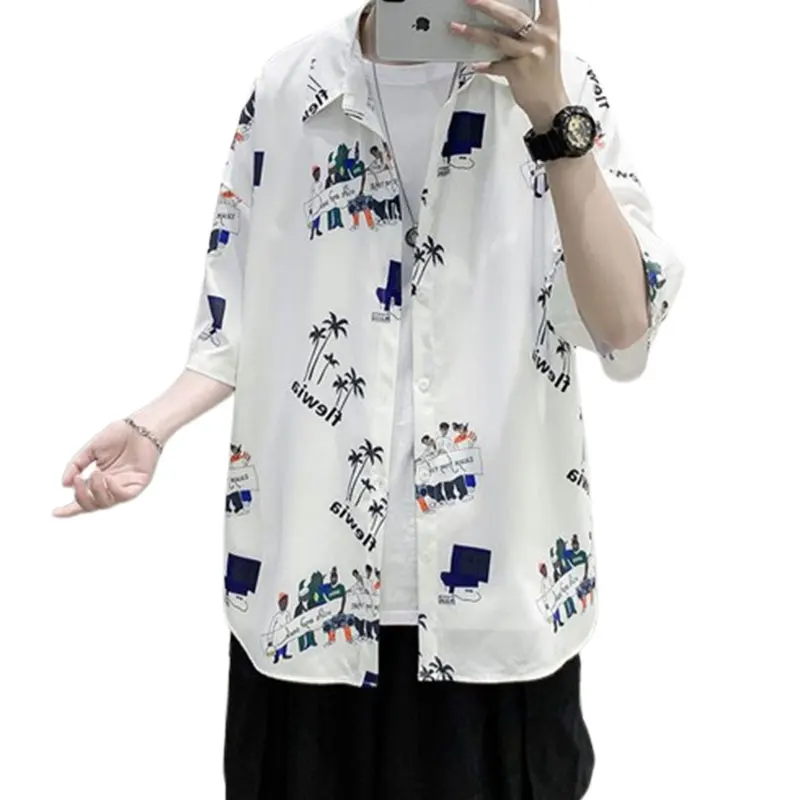Elegant Fashion Harajuku Slim Fit Ropa Hombre Loose Casual Sport All Match Tops Square Neck Printed Button Middle Sleeve Blusa
