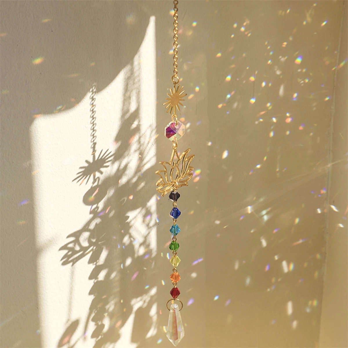 1Pc Golden Lotus Sun Catcher Pendant Colorful Water Drop Crystal Festival Wedding Party Decoration Pendant Gardening Craftings