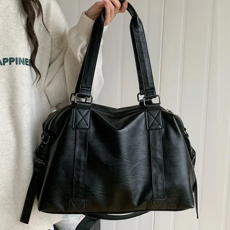 Big Black Shoulder Bags for Women Large Hobo Shopper Bag Solid Color Quality Soft Leather Crossbody Handbag Lady Travel Tote Bag - 2
