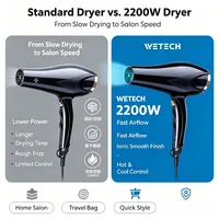 WETECH Sèche-cheveux professionnel ionique négatif 2200W, double tension 100-240V, air chaud et froid réglable, avec buse concentratrice, outil de coiffure pour salon et maison 4