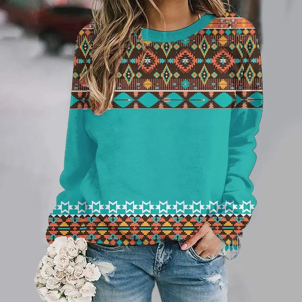 

Women's Ethnic Half Color Stitching Sweater, Long Sleeve, O-neck Pullovers, Loose and Comfortable, Fashion Tops, Autumn, 2023