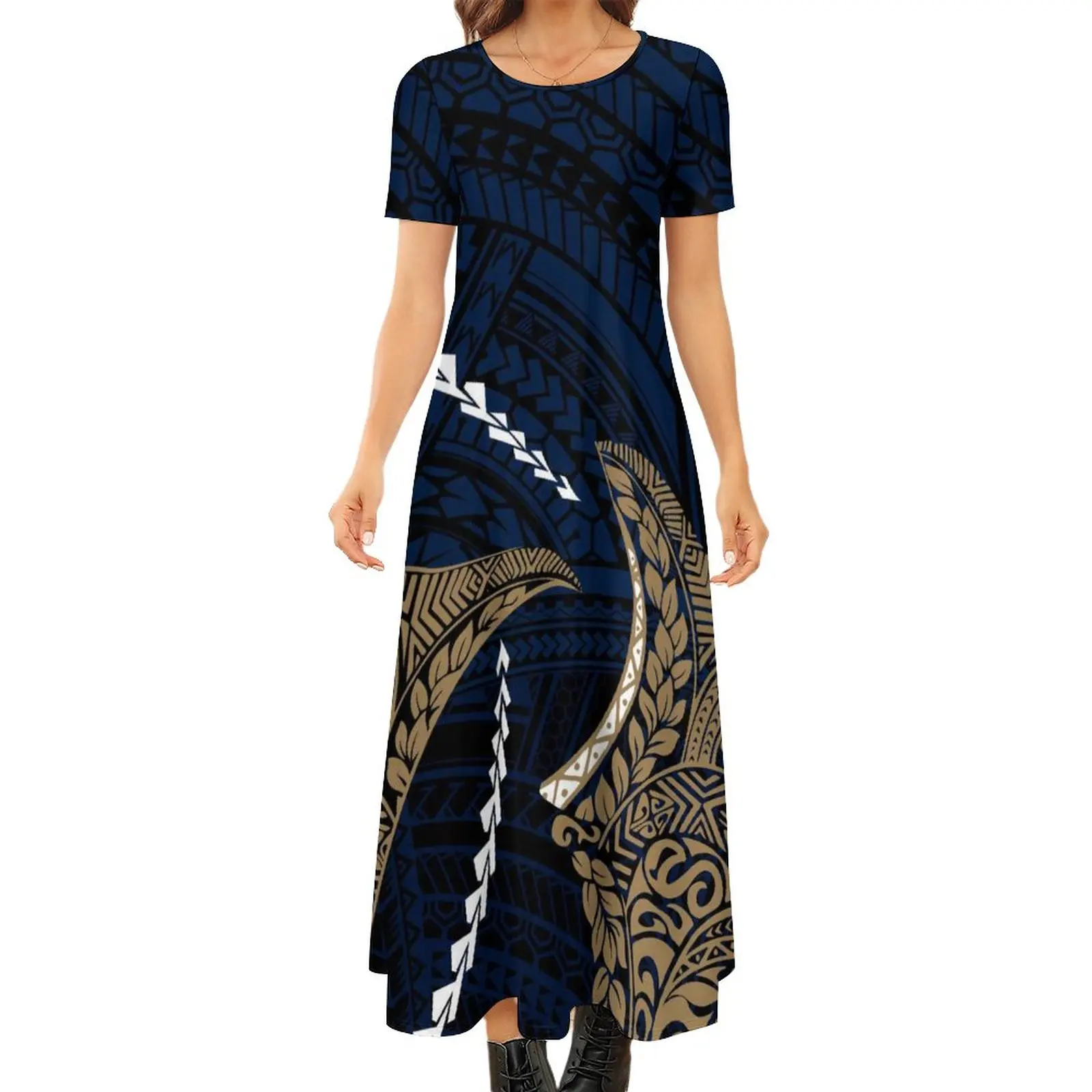 

2022 Hot Polynesian Custom Pattern Short Sleeve Mid-Length Slim Sexy Dress Samoan Islanders Summer Women's Clothing Robes