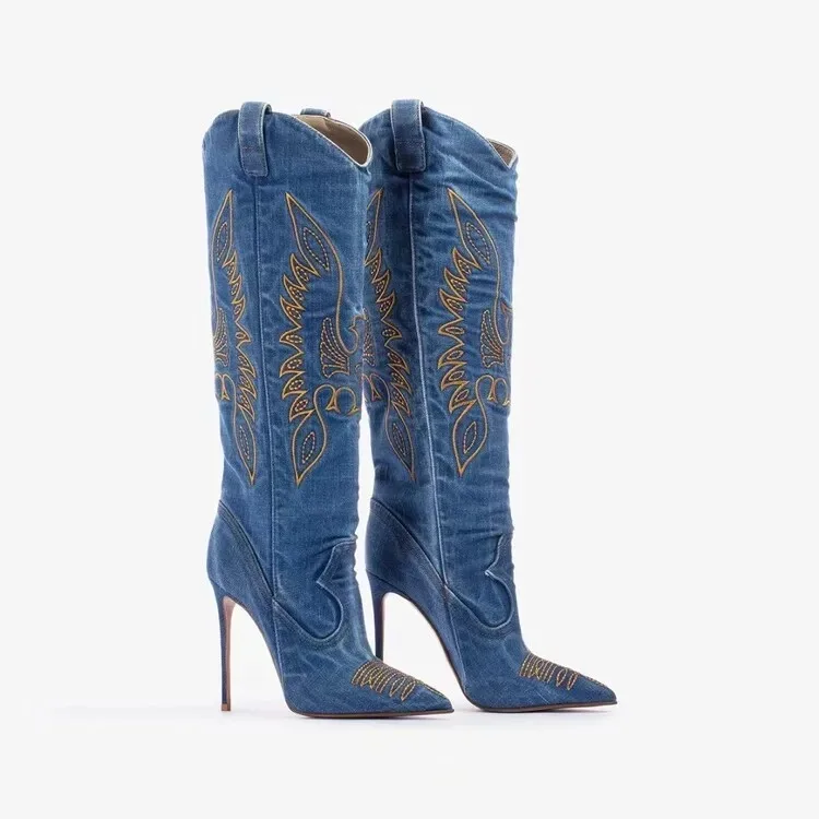 Merendy tall denim embroidered boots — three-quarter pair view