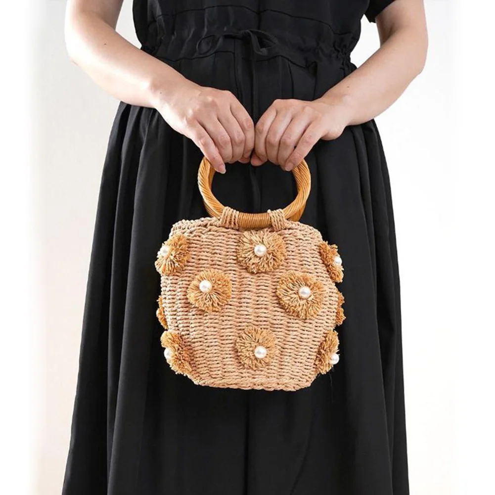 Women Straw Tote Handbag with Pearls Handmade Woven Bag Hand-Woven Straw Bag Summer Holiday Beach Bag