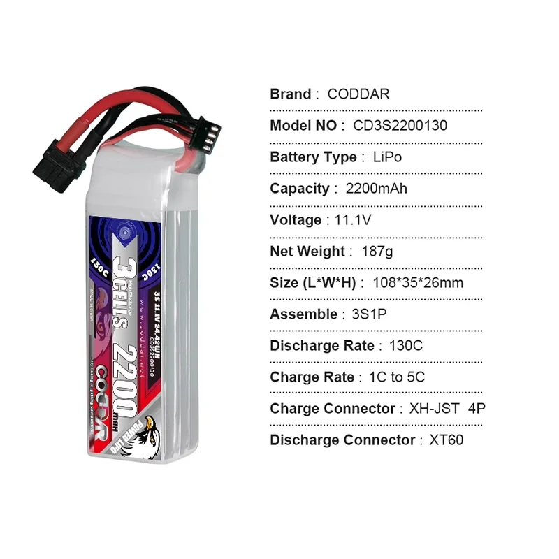 

CODDAR 2200MAH 3S 11.1V 130C aircraft model four axis fixed wing unmanned aerial vehicle model ship model LiPo battery