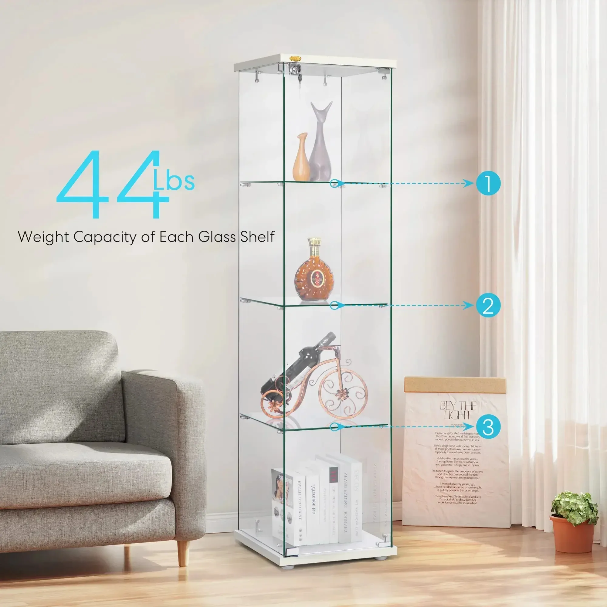 

VIVOHOME 4 Layers 15.7''W x 15.7''D x 62.6''H Glass Display Cabinet Countertop Showcase with Lock, 5mm Tempered Glass 25mm MDF B