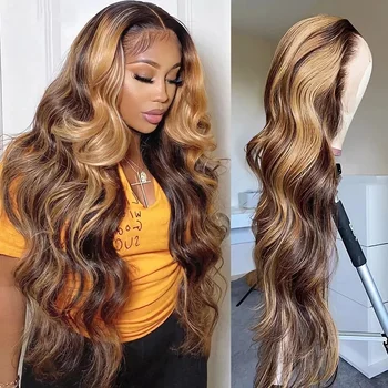 4/27 Highlight 13x4 13X6 HD Lace Frontal Human Hair Wigs 200% Density Ombre Blonde Body Wave Front 36 Inch For Women Brazilian 1